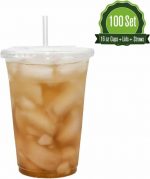 100 Sets 16 Oz. Disposable Clear Plastic Cups With Flat Lids And Straws