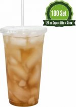100 Sets 24 Oz. Disposable Clear Plastic Cups With Flat Lids And Straws