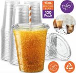 Clear Plastic Cups With Flat Lids 100 Count 16 Ounce Disposable Party Drinks