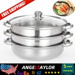Stainless Steel Food Steamer Kitchen Stackable Pot 3 Tier W Glass Lid Best Sell