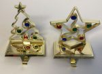Gold Metal Jewel Christmas Tree Star Holiday Stocking Hanger Holder Set 2