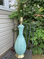 Mcm Ceramic Porcelain Lamp Turquoise Pottery Blue Green Brass Vintage Euc
