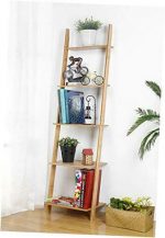 Ladder Shelf 5 Tier Bookshelf Bamboo Storage Rack Shelves Wall Leaning Basic