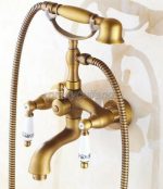 Antique Brass Bath Tub Faucet Double Handles Mixer Tap With Hand Shower Ptf313